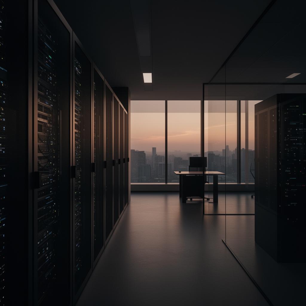 Architectural view of a modern data center at dusk